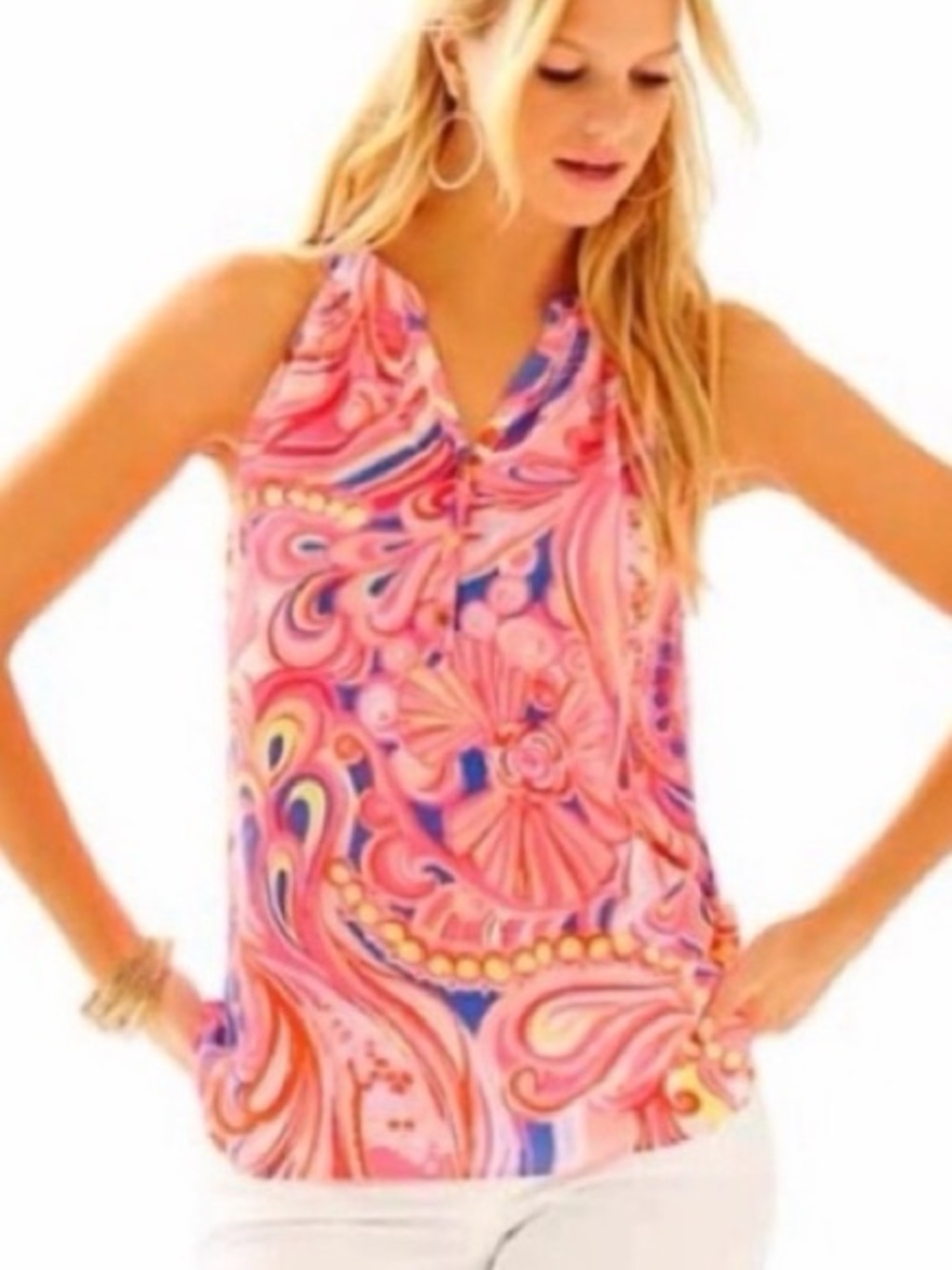 Lilly Pulitzer Bailey Pink Multi Color 100% Silk Top Size Large